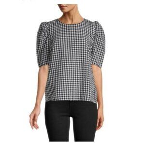 Calvin Klein Black White Gingham Puff Sleeve Blouse Womens size large cotton